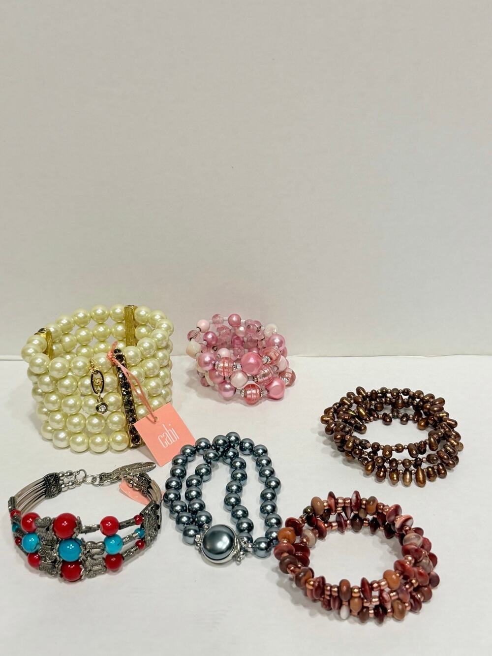 6pc Bracelet Lot Cabi Faux Pearl Cuff Beaded Wrap Statement Jewelry Pink Brown